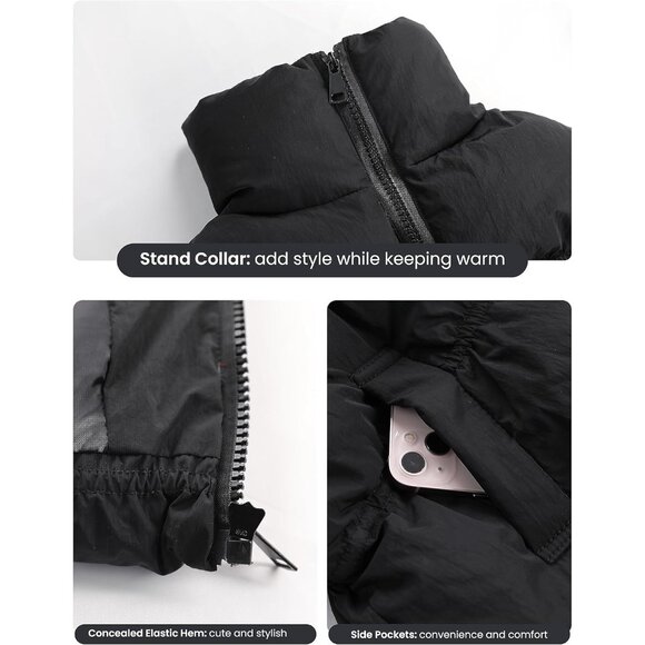 Women's Cropped Puffer Vest Nylon Polyester Stand Collar Sleeveless - Picture 2 of 7